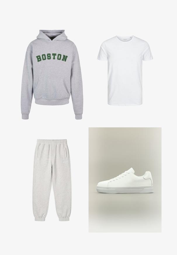 Grå hættetrøje med en frontlomme, prydet med "BOSTON" i mørkegrønne buede bogstaver på brystet. Klassisk design med snoretræk til hætten.; Rundhals kortærmet t-shirt i ensfarvet hvid, lavet af blød bomuld, har et simpelt design uden synlige mønstre eller detaljer.; Lysegrå joggingbukser med elastisk talje og manchetter, to sidelommer og et lille hvidt logo på højre lår.; Hvid lavtop sneaker med snørelukning foran, polstret krave og tekstureret gummisål, vist i sidelayout på neutral baggrund.
