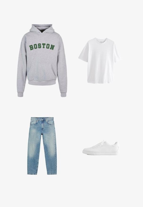 Grå hættetrøje med en frontlomme, prydet med "BOSTON" i mørkegrønne buede bogstaver på brystet. Klassisk design med snoretræk til hætten.; Simpel hvid T-shirt med korte ærmer og rund hals med en afslappet pasform på hvid baggrund.; Blå straight-leg denim jeans med forlommer og bæltestropper, der viser let falmede detaljer på lår og knæ.; Hvid lavtop sneakers med snørebånd, glat læderoverdel og flad gummiå sole set fra siden på en hvid baggrund.
