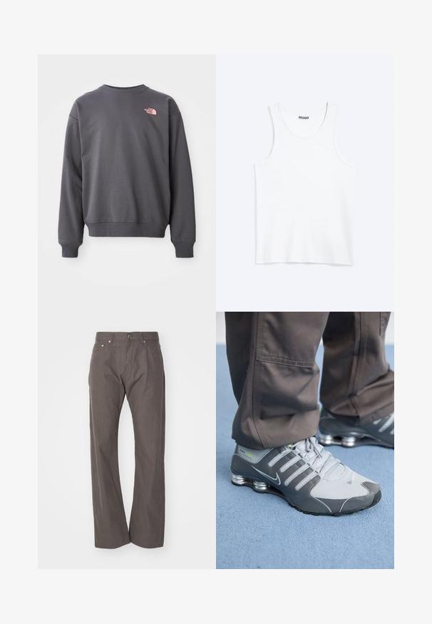Grijze sweatshirt gemaakt van een katoenmix, met ronde hals, ribgebreide boorden en zoom. Bevat een klein roze logo op de bovenkant van de linkerborst.; Wit mouwloos hemdje met ronde hals en Weekday-merklabel aan de binnenkant van de achterkraag, plat weergegeven op een lichte achtergrond.; Weekday SPACE RELAXED STRAIGHT - Broek - dark mole; Grijze en zilveren Nike Shox sneakers hebben een strakke uitstraling, met een combinatie van mesh en synthetische materialen, een ronde neus en een gevoerde kraag.