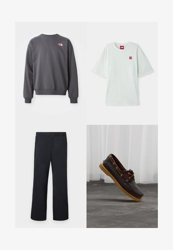 Grijze sweatshirt gemaakt van een katoenmix, met ronde hals, ribgebreide boorden en zoom. Bevat een klein roze logo op de bovenkant van de linkerborst.; Lichtgroene T-shirt met korte mouwen van zachte katoen, voorzien van een klein rood logo label op de linker borst. Ontspannen pasvorm en ronde halslijn.; Zwarte rechte broek met elastische tailleband en enkele knoop boven ritssluiting, plat uitgestald op een witte achtergrond.; Donkerbruine leren boot schoen met een beige zool en veterdetails, schuin geplaatst boven een grijze vloer met witte gordijnen op de achtergrond.