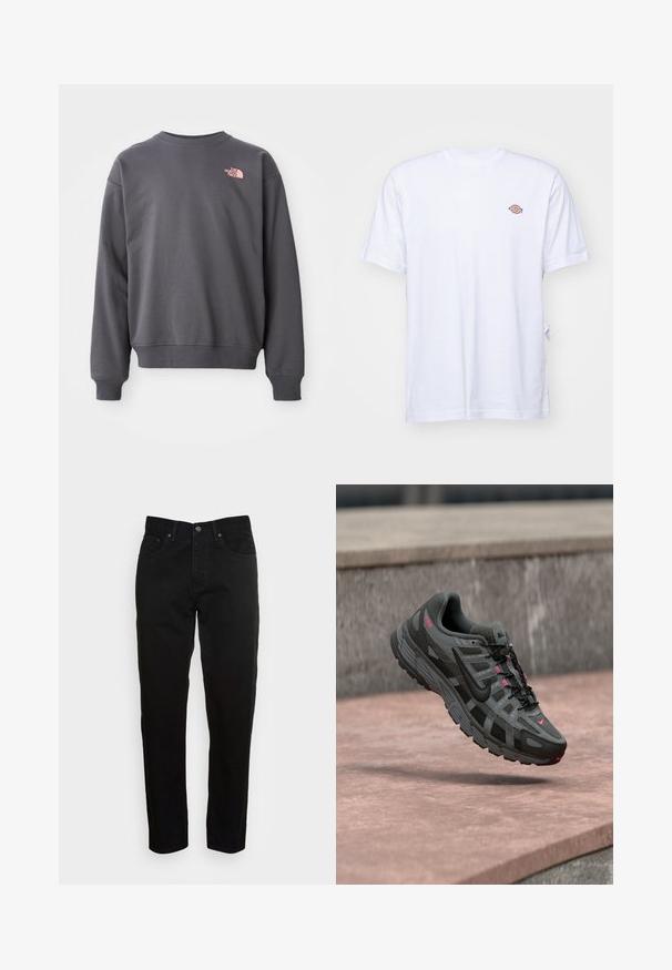 Grå sweatshirt lavet af bomuldsblanding, med rund halsudskæring, ribbede manchetter og kant. Har et lille lyserødt logo på den øverste venstre bryst.; Hvid bomulds t-shirt med v-hals og korte ærmer. Har et lille farverigt broderet logo på venstre bryst. Blød tekstur.; Sorte slim-fit jeans med frontknaplukning og fem-lomme design, vist mod en enkel lys grå baggrund.; Grå og sort Nike-sneaker med pinke accenter svævende i luften over en stenet overflade, der viser side- og topdetaljer.