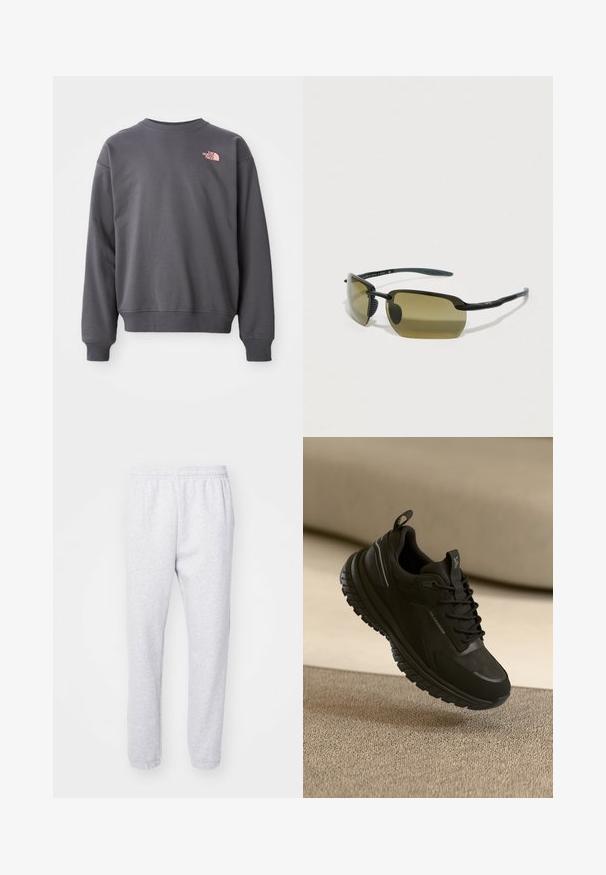 Grijze sweatshirt gemaakt van een katoenmix, met ronde hals, ribgebreide boorden en zoom. Bevat een klein roze logo op de bovenkant van de linkerborst.; Lichtgrijze joggingbroek gemaakt van een zachte katoenmix, met een elastische tailleband en aansluitende boorden bij de enkels. Geen zichtbare patronen of logo's.; Zwarte sportieve schoen met een gestructureerde, lichtgewicht bovenkant, gevoerde tussenzool en robuuste buitenzool. Bevat subtiele branding en reflecterende accenten.; Zwarte zonnebril met ovale groene lenzen, slanke matte montuur en rubberen uiteinden voor comfort. Minimalistisch design zonder zichtbare branding.