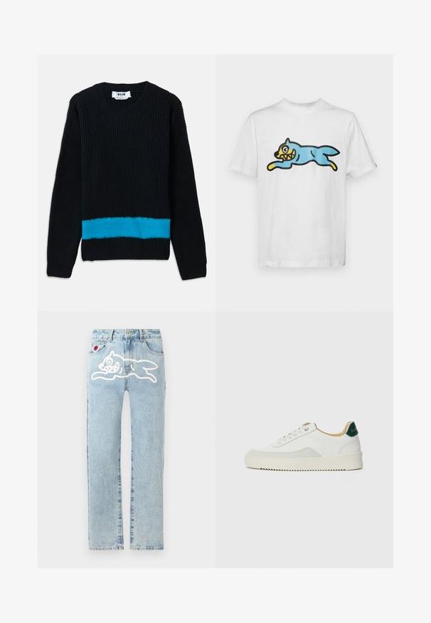 Sort strikket sweater med rillet tekstur, der har en vandret turkis stribe forneden. Klassisk rund halsudskæring og lange ærmer.; Hvid bomulds t-shirt med en blå, tegneserieagtig kat med et gult ansigt og skarpe tænder, placeret i en springende stilling.; Icecream RUNNING DOG PANT - Jeans Straight Leg - heavy wash blue; Hvide sneakers med ruskindsdetaljer, rund tå, flade snørebånd og en cremet gummisål. Har grøn branding på hælen.