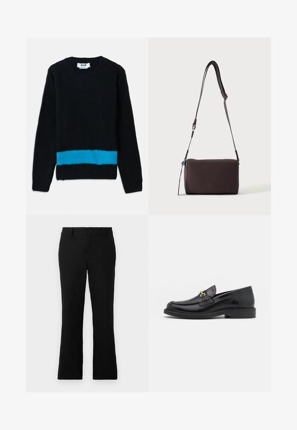 Pull en maille noir avec texture côtelée, présentant une rayure turquoise horizontale en bas. Encolure ronde classique et manches longues.; Pantalons évasés noirs en tissu mélangé coton, dotés d'une fermeture à bouton, de passants de ceinture et d'une texture lisse sans motifs visibles.; Mocassins en cuir noir avec un embout rond, présentant des accents en métal doré et des détails de couture, montés sur une semelle en caoutchouc texturé et basse.; Sac bandoulière en cuir marron foncé texturé avec une sangle réglable et un petit accent décoratif bleu sur le côté.