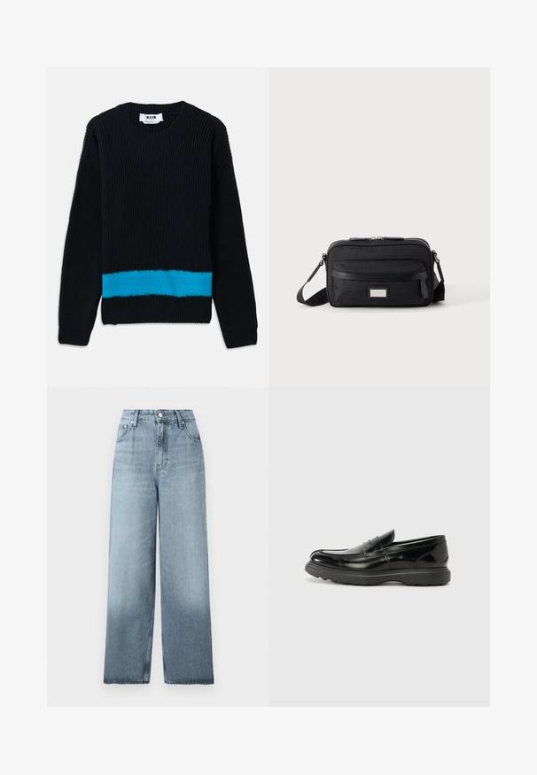 Pull en maille noir avec texture côtelée, présentant une rayure turquoise horizontale en bas. Encolure ronde classique et manches longues.; Jean bleu clair taille haute, jambes larges, avec fermeture à boutons et fermeture éclair, poches avant et passants pour ceinture sur un fond uni.; Mocassin en cuir noir avec une finition brillante, bout arrondi, détails de couture subtils et semelle en caoutchouc épaisse pour la durabilité.; Sac bandoulière rectangulaire noir avec poche avant zippée, sangle réglable et plaque logo rectangulaire argentée sur fond uni.