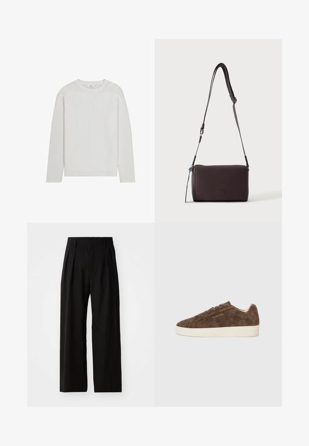 Plain white long-sleeve crew neck shirt with a straight hem, displayed flat against a white background.; Black wide-leg trousers with a smooth texture, featuring two front pleats, a button closure, and side pockets. Durable fabric.; Brown suede sneaker with a low profile, rounded toe, and white rubber outsole. Features dark laces and subtle branding on the side.; Dark brown textured leather crossbody bag with adjustable strap and small decorative blue accent on the side.