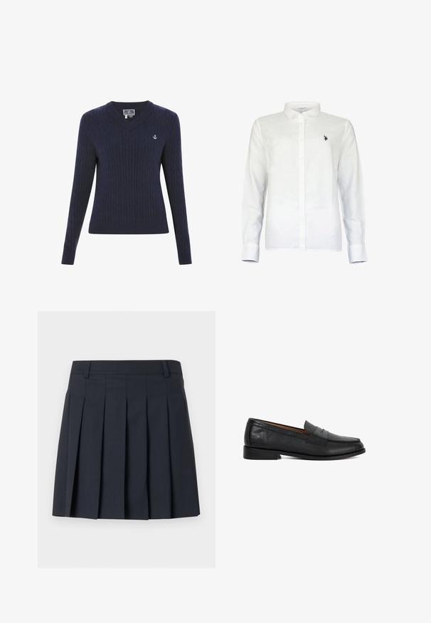 Pull en V bleu marine en tricot côtelé, avec des motifs en torsades et un petit logo d'ancre blanche sur la poitrine gauche.; Chemise blanche à manches longues avec boutons, col et petit logo brodé en noir représentant un joueur de polo sur la poitrine gauche.; Jupe plissée bleu foncé avec une ceinture plate, fabriquée en tissu lisse. Elle présente plusieurs plis verticaux et une coupe ajustée.; Mocassin penny en cuir noir avec petit talon, bout arrondi et détail de bride sur la tige lisse, présenté en profil gauche.