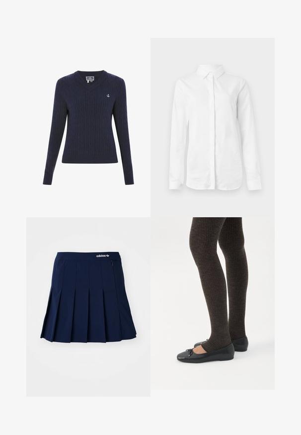 Marineblå V-hals sweater lavet af ribstrikstof, med kabelmønstre og et lille hvidt ankerlogo på venstre bryst.; Hvid langærmet skjorte lavet af glat bomuld. Har en klassisk krave og en knaplukning fortil med en lige kant uden mønstre.; Marineblå plisseret nederdel lavet af letvægtsstof; har en elastisk talje og en lille lynlås-lomme, med et hvidt Adidas-logo på forsiden.; Ben iført mørke ribbede leggings kombineret med sorte balletsko med små sløjfedetaljer på hvid baggrund.