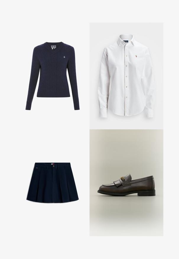 Pull en V bleu marine en tricot côtelé, avec des motifs en torsades et un petit logo d'ancre blanche sur la poitrine gauche.; Chemise blanche à manches longues en coton, dotée d'un col classique et d'un petit logo brodé sur la poitrine.; Jupe mini plissée bleu marine avec bouton et fermeture éclair à l'avant, passants de ceinture, poches latérales et petit logo sur la hanche gauche.; Mocassin en cuir marron foncé avec détail à franges et boucle dorée sur semelle noire, vu de côté sur un fond neutre.