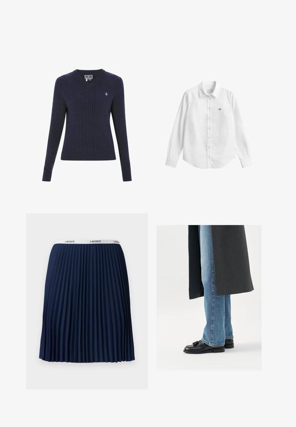 Pull en V bleu marine en tricot côtelé, avec des motifs en torsades et un petit logo d'ancre blanche sur la poitrine gauche.; Chemise blanche à manches longues avec boutons, fabriquée dans un tissu légèrement texturé. Dotée d'une poche avant avec un petit logo brodé et d'un col classique.; Jupe plissée navy avec un design texturé, taille élastique ornée du logo "LACOSTE" et tissu lisse.; Mocassins en cuir noir avec des pampilles, portés avec un jean droit bleu clair, complétés par un manteau gris foncé. Lignes épurées et tissu texturé.