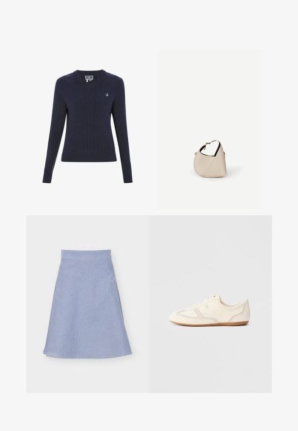 Pull en V bleu marine en tricot côtelé, avec des motifs en torsades et un petit logo d'ancre blanche sur la poitrine gauche.; Jupe trapèze rayée diagonale bleu et blanc avec ceinture à la taille et poches latérales sur fond blanc.; Baskets couleur crème avec une tige en daim et tissu, un bout arrondi, et une semelle en caoutchouc avec un détail accent beige. Fermeture à lacets.; Sac à main en cuir beige en forme de croissant avec une seule bandoulière et des coutures minimalistes, posé sur un fond blanc uni.