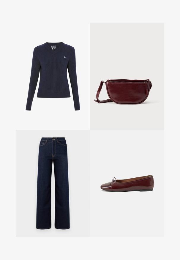 Marineblå V-hals sweater lavet af ribstrikstof, med kabelmønstre og et lille hvidt ankerlogo på venstre bryst.; Mørkeblå bredbenede jeans lavet af denim, med høj talje, fire lommer og kontrastfarvet syninger langs sømmene.; Bordeaux patentlæder balletflad med rund tå, lille sløjfeaccent foran og en lav, sort gummisål. Glat tekstur.; Vinrød læderhåndtaske med halvmåneform, lynlås og aftagelig rem. Glat tekstur med en subtil glans.