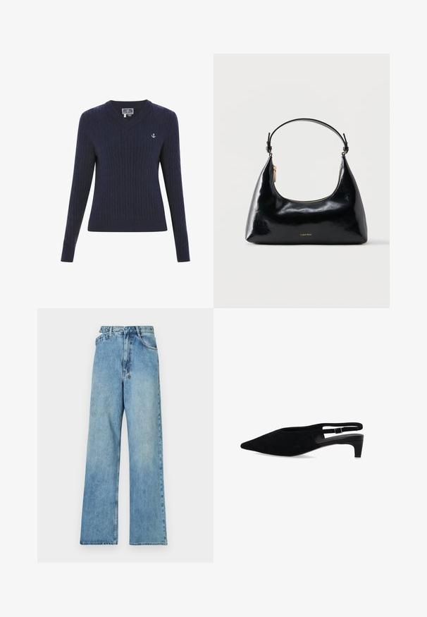 Marineblå V-hals sweater lavet af ribstrikstof, med kabelmønstre og et lille hvidt ankerlogo på venstre bryst.; Lys blå denim brede bukser med mellemhøj talje, fem lommer og knaplukning med metalbeslag samt en bleget finish.; Sort ruskind slingback-sko med spids tå, lav kitten hæl og justerbar spænde-rem på hvid baggrund.; Sort blank Calvin Klein håndtaske med gyldent lynlås og kort rem mod en ensfarvet hvid baggrund.