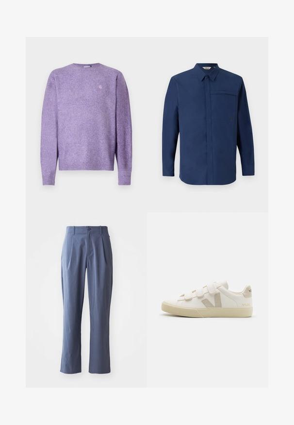 Pull en tricot violet avec des manches longues, col rond et ourlet côtelé. Présente un logo subtil sur la poitrine. Texture douce et coupe décontractée.; Chemise à manches longues bleu marine avec un col boutonné, une poche poitrine simple et une texture propre et lisse. Comprend un petit logo sur la poche.; Pantalon bleu marine avec plis, coupe droite, en tissu léger, avec une fermeture à un bouton à l'avant et des passants de ceinture.; Baskets en cuir blanc avec des bandes Velcro, accents beiges, bout arrondi, semelle en caoutchouc texturé et logo embossé. Design minimaliste.
