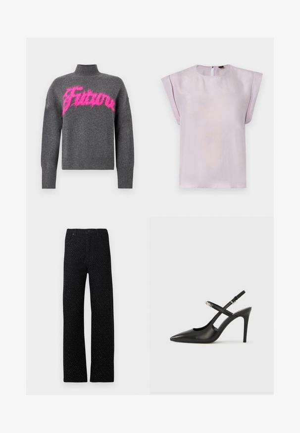 Pull gris tricoté avec un col montant, arborant un motif de mot rose duveteux. Il possède des poignets et un ourlet côtelés pour une texture supplémentaire.; Blouse en soie lilas avec un col rond, des manches courtes drapées et une fermeture au dos en forme d'œillet. Texture douce avec un design minimaliste.; Pantalon en denim noir avec une coupe droite, présentant un motif texturé de petits points et cinq poches, y compris à l'avant et à l'arrière.; Escarpins slingback en cuir noir avec bout pointu, design ajouré et bride ajustable ornée de ferrures métalliques.