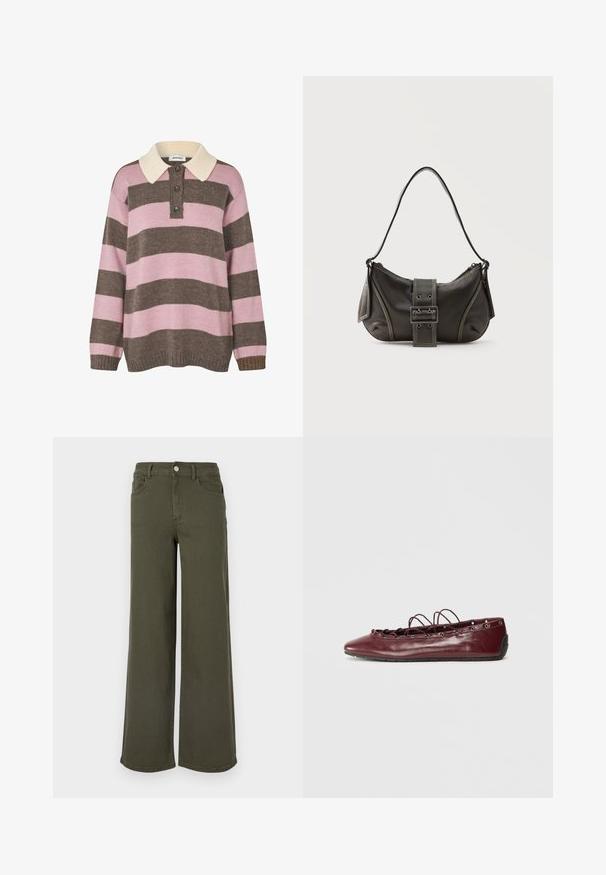 Strikket pullover i lyserøde og brune striber med en cremet krave, der har tre knapper ved halsen samt ribkant ved ærmerne og kanten.; Olivenfarvede brede jeans lavet af denim, med et klassisk fem-lomme design og lukning foran med knap. Glat tekstur, uden mønstre.; Burgundy læder balletflade med spids tå, snøredetaljer foran, og sølvøjer. Blød sål for fleksibilitet og komfort.; Sort læder skuldertaske med spænde på remmen, afrundede kanter og kontrasterende hvide syninger på en ensfarvet baggrund.