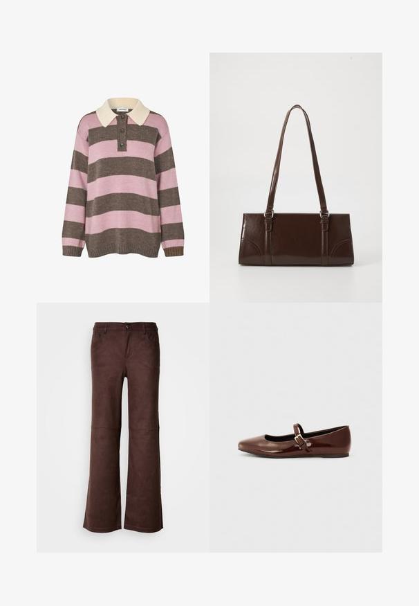 Pull en tricot à rayures roses et marron avec un col crème, comportant trois boutons au niveau du cou et des poignets et un ourlet côtelés.; Pantalons évasés marron en tissu doux semblable à du daim. Comprend quatre poches, une fermeture à bouton et une surface lisse et texturée.; Ballerine en cuir verni marron avec un bout carré et une lanière ornée d'une petite boucle dorée. Texture lisse, talon bas et design minimaliste.; Sac à main en cuir verni marron de forme rectangulaire, avec deux longues poignées et des accents courbés subtils à l'avant.