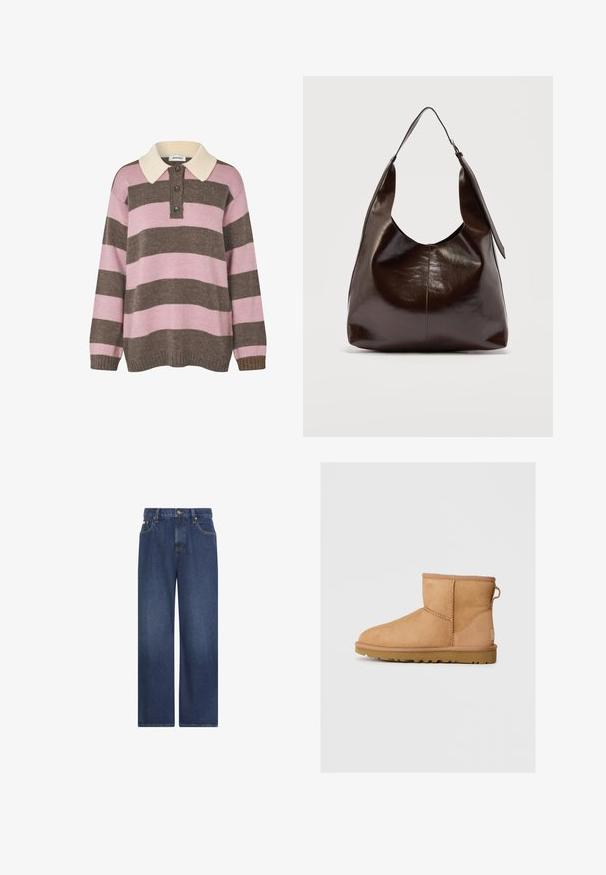 Pull en tricot à rayures roses et marron avec un col crème, comportant trois boutons au niveau du cou et des poignets et un ourlet côtelés.; Jean en denim bleu foncé à jambes larges avec poches avant, passants de ceinture et fermeture par bouton à la taille sur fond blanc.; Bottines en suède beige avec bout rond, détails cousus, tirant à l'arrière et semelle en caoutchouc texturé. Conçues pour le confort et la chaleur.; Sac à bandoulière en cuir marron foncé brillant avec une seule large sangle et un détail de boucle sur un côté, posé sur un fond clair uni.