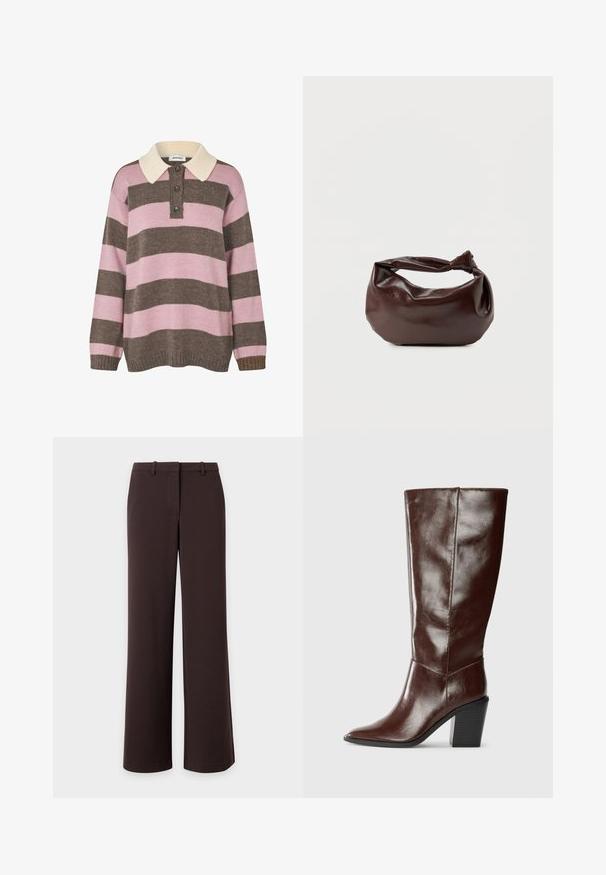 Pull en tricot à rayures roses et marron avec un col crème, comportant trois boutons au niveau du cou et des poignets et un ourlet côtelés.; Pantalon large marron foncé avec passants pour ceinture et fermeture avant dissimulée, présenté à plat sur fond blanc.; Botte haute en cuir marron foncé avec un bout pointu et un talon empilé, présentée de côté sur un fond uni.; Sac bandoulière en cuir marron foncé avec une forme souple et décontractée et une anse nouée torsadée sur un fond blanc uni.