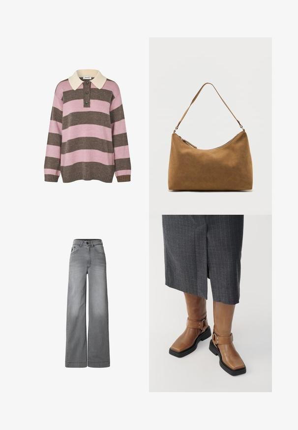 Strikket pullover i lyserøde og brune striber med en cremet krave, der har tre knapper ved halsen samt ribkant ved ærmerne og kanten.; Grå jeans med vide ben lavet af denim, der har høj talje, forlommer og en ren finish ved kanterne.; Brune læder knæhøje støvler med firkantet tå, sort gummisål og justerbar spænde-detalje. Båret med en grå stribet nederdel.; Brun skuldertaske i ruskind med enkelt rem og lynlås øverst, vist mod en ensfarvet hvid baggrund.