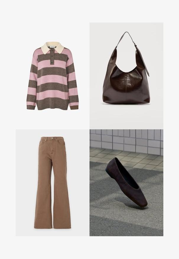 Pull en tricot à rayures roses et marron avec un col crème, comportant trois boutons au niveau du cou et des poignets et un ourlet côtelés.; Jean marron taille haute avec jambe évasée, fermeture par boutons sur le devant, poches avant et arrière, présenté sur un fond uni.; Chaussure plate marron foncé unique flottant au-dessus d'un sol texturé avec un mur carrelé en arrière-plan.; Sac à bandoulière en cuir marron foncé brillant avec une seule large sangle et un détail de boucle sur un côté, posé sur un fond clair uni.