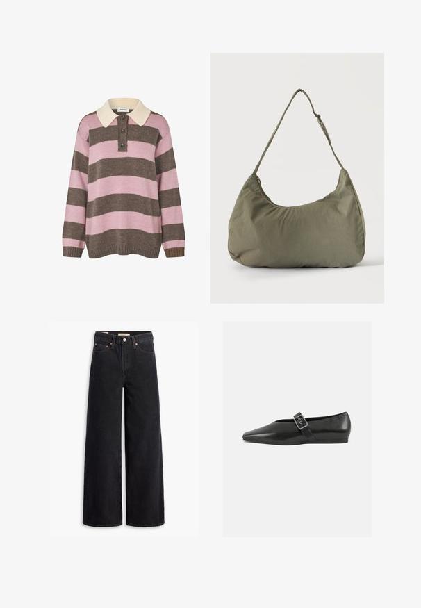 Strikket pullover i lyserøde og brune striber med en cremet krave, der har tre knapper ved halsen samt ribkant ved ærmerne og kanten.; Sorte brede benjeans lavet af denim, med fem lommer, kobbernitter og en klassisk knaplukning. Glat tekstur med et rent design.; Sorte læder flade sko med spidse tæer, prydet med en metallisk spænde over vristen og en lav, fleksibel sål.; Skuldertaske i blødt olivengrønt stof med lynlås og justerbar rem på ensfarvet, lyst baggrund.