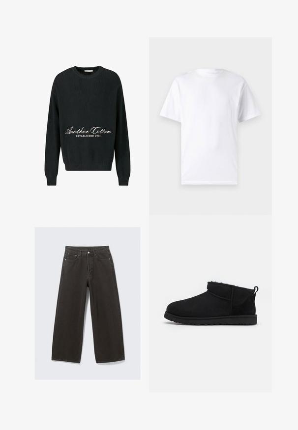 Pull en tricot noir avec un col rond, texture côtes et texte brodé "Another Cotton ÉTABLI EN 2023" en blanc.; T-shirt blanc à manches courtes en coton avec un col rond, présentant une texture lisse et un design simple, sans motifs ni accents.; Des jeans en denim noir à jambe large présentent une taille haute, un design à cinq poches et une fermeture à bouton. Le tissu a une finition douce et texturée.; Bottines noires en daim avec une doublure douce et texturée, une semelle en caoutchouc basse et une languette à l'arrière pour un enfilage facile.