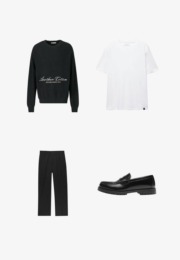 Pull en tricot noir avec un col rond, texture côtes et texte brodé "Another Cotton ÉTABLI EN 2023" en blanc.; T-shirt blanc à manches courtes coupe droite avec encolure ronde et petite étiquette en tissu noire en bas de l'ourlet.; Pantalons noirs au design droit, fabriqués à partir d'un tissu lisse. Dotés de plis sur le devant et d'une fermeture à un bouton à la taille.; Mocassin en cuir noir avec une semelle en caoutchouc épaisse et un détail classique de bride à monnaie, vu de côté extérieur.