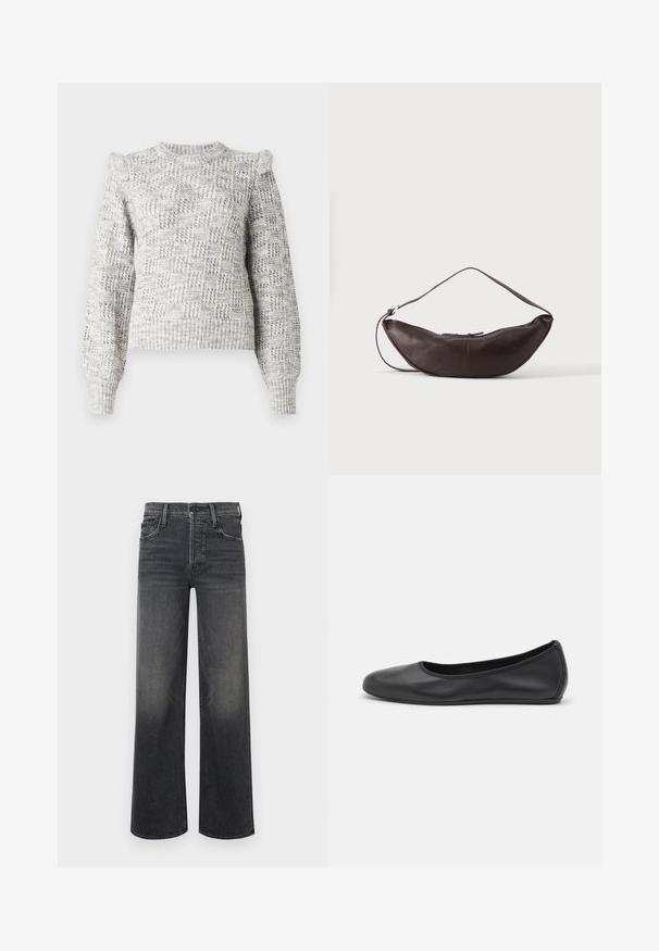 Pull en maille gris clair avec un motif à carreaux texturé, des manches bouffantes et un col rond. Présente des poignets et un ourlet côtelés.; Jeans à jambes larges en denim gris foncé, avec un effet dégradé subtil. Design classique à cinq poches avec passants de ceinture et coutures visibles.; Ballerines en cuir noir avec un bout rond, texture lisse, détails de couture minimalistes et design de semelle flexible.; Sac d'épaule en cuir marron foncé en forme de croissant avec une lanière courbée et des coutures visibles sur fond uni.