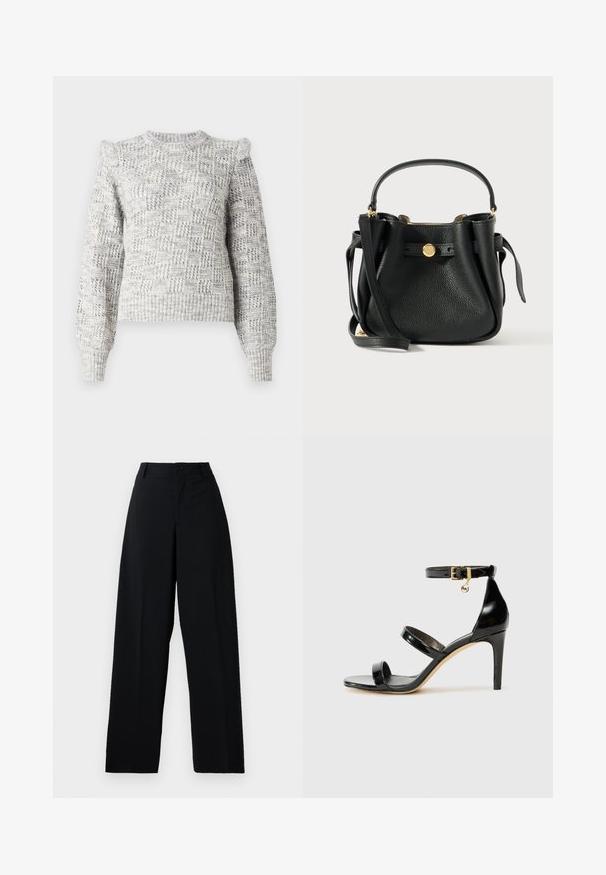 Pull en maille gris clair avec un motif à carreaux texturé, des manches bouffantes et un col rond. Présente des poignets et un ourlet côtelés.; Pantalons noirs taille haute à larges jambes avec bouton et fermeture éclair, passants de ceinture et finition en tissu lisse et propre.; Sandale en cuir verni noir avec trois brides, boucle de cheville et talon aiguille de 10 cm. Présente un détail en métal doré et un charm logo.; Sac en cuir noir texturé avec une poignée courte, une longue sangle pour épaule et un fermoir à logo rond en métal doré sur le devant.