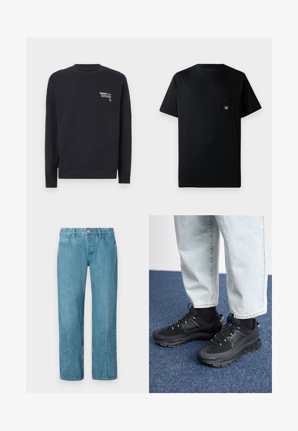 Tumesinise kapuutsiga puuvillane sweatshirt, millel on ümar kaelus, pikad varrukad, ribakuded varrukatel ja valge printitud logo rindkere piirkonnas.; Must must tükk väljaümarate krae ja lühikeste varrukatega, mis sisaldab vasakul rinnal taskut ja väikest embleemi taskus.; Heledad sinine teksapüksid sirge säärega disainiga, viie tasku, vöö polybsid ja nööp sulgemisega. Sujuv tekstuur kergete tuhmumistega.; Mustad mustad jooksukingad, millel on tekstureeritud kangas ja kummist tallad, elastsed nöörid ning sinine aksent kandadel. Kandmine heledate teksadega.