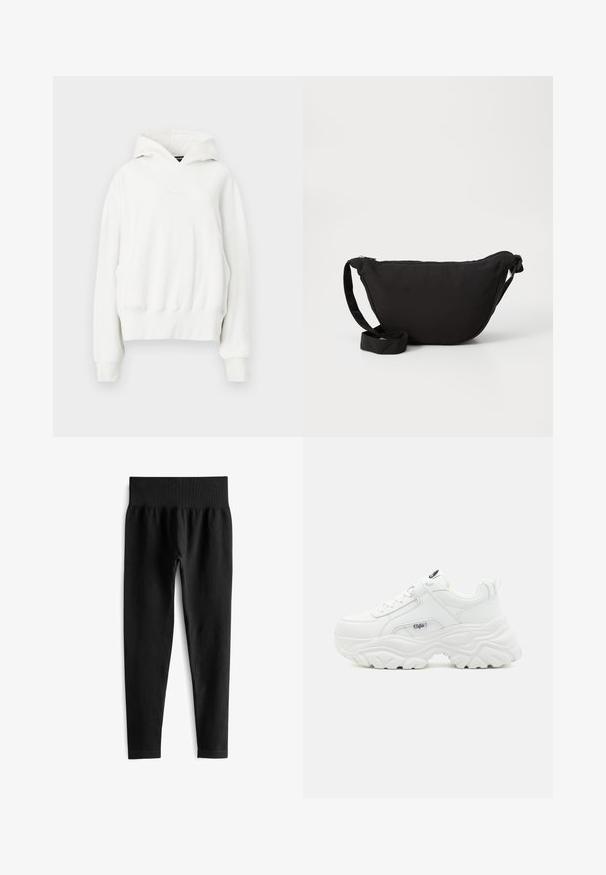 Sudadera blanca con capucha y corte relajado. Presenta un bolsillo canguro, puños de canalé y una tela suave y texturizada. Logotipo sutil en el pecho.; Leggings negros acanalados con una amplia cinturilla elástica, que presentan una silueta ajustada y una textura suave. Sin hardware visible ni patrones.; Zapatillas blancas voluminosas con parte superior de piel lisa, punta redonda y suela gruesa texturizada con un logo de la marca visible en el lateral.; Bolso hobo negro de tela suave, con forma curva, cierre de cremallera y una amplia correa ajustable. Textura suave sin patrones.