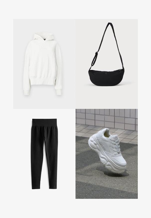 Valkoinen huppari, jossa on rento istuvuus. Varustettu kenguru-taskulla, ribbailluilla hihoilla ja pehmeällä, teksturoidulla kankaalla. Huomaamaton brändäys rinnassa.; Musta ribbattu leggings, jossa on leveä elastinen vyötärö, ja se on muotoiltu tiukaksi sekä sileäksi. Ei näkyvää metalliosaa tai kuvioita.; Valkoinen nahkakengät, joissa on paksu pohja, teksturoitu yksityiskohta ja nauhakiinnitys. Varustettu muotoilluilla yksityiskohdilla ja sileällä pinnalla.; Musta kangaskuosilaukku, jossa on kaareva muoto, yksinkertainen punottu hihna ja vetoketjukiinnitys. Huomaamaton logotavu edessä.
