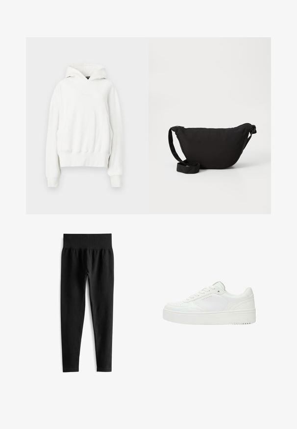 Witte hoodie met een ontspannen fit. Bevat een kangoeroe-pocket, geribde manchetten en een zachte, gestructureerde stof. Subtiele branding op de borst.; Zwarte geribde leggings met een brede elastische tailleband, met een aansluitende pasvorm en een gladde textuur. Geen zichtbare hardware of patronen.; Lage witte sneaker met veterluiting aan de voorkant, geperforeerde details op de neus en zijkant, en dikke rubberen zool.; Zwarte hobo tas gemaakt van zachte stof, met een gebogen vorm, een ritssluiting en een brede verstelbare schouderriem. Glad van structuur zonder patronen.