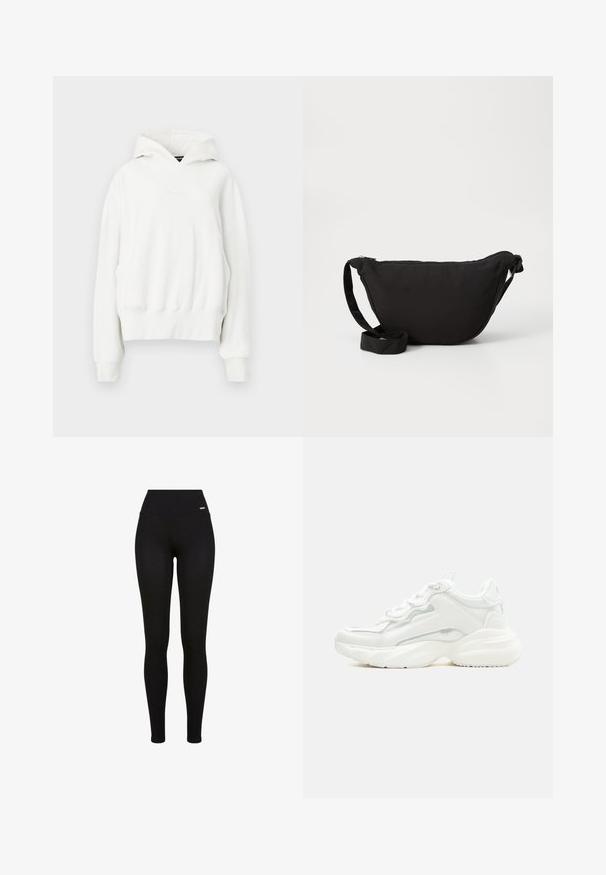 Hvid hættetrøje med en afslappet pasform. Har en kengurulomme, ribbede manchetter og blødt, struktureret stof. Diskret branding på brystet.; Sorte leggins med høj talje, strækbart stof, glat tekstur og en tætsiddende pasform, der er velegnet til casual eller atletisk brug.; Hvid chunky sneaker med tyk sål, snørelukning foran og glat syntetisk overdel med subtile syningsdetaljer.; Sort hobo taske lavet af blødt stof, med en buet form, lynlåslukning og en bred justerbar rem. Glat tekstur uden mønstre.