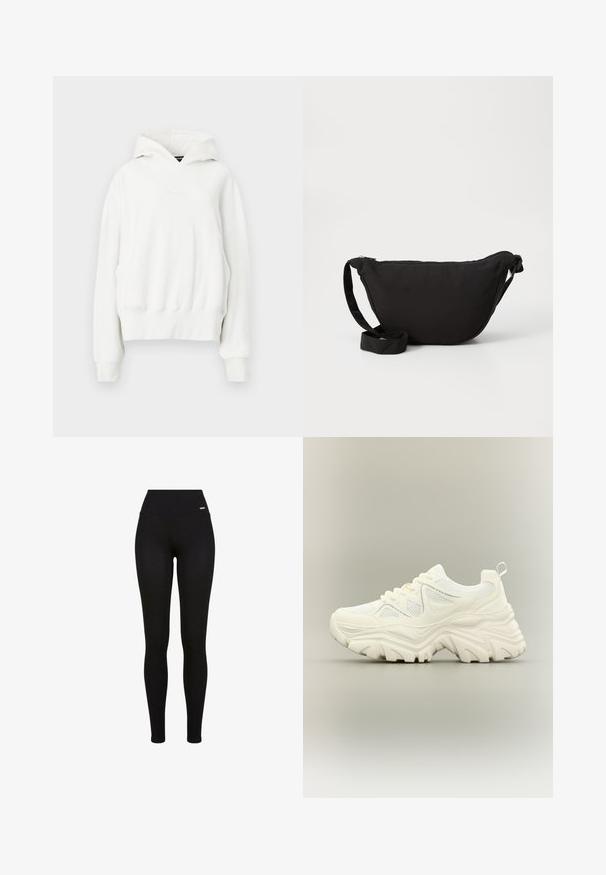 Hvid hættetrøje med en afslappet pasform. Har en kengurulomme, ribbede manchetter og blødt, struktureret stof. Diskret branding på brystet.; Sorte leggins med høj talje, strækbart stof, glat tekstur og en tætsiddende pasform, der er velegnet til casual eller atletisk brug.; Hvid chunky sneaker med tyk tekstureret sål, mesh paneler, snørelukning foran og trækstrop ved hælen på en neutral baggrund.; Sort hobo taske lavet af blødt stof, med en buet form, lynlåslukning og en bred justerbar rem. Glat tekstur uden mønstre.