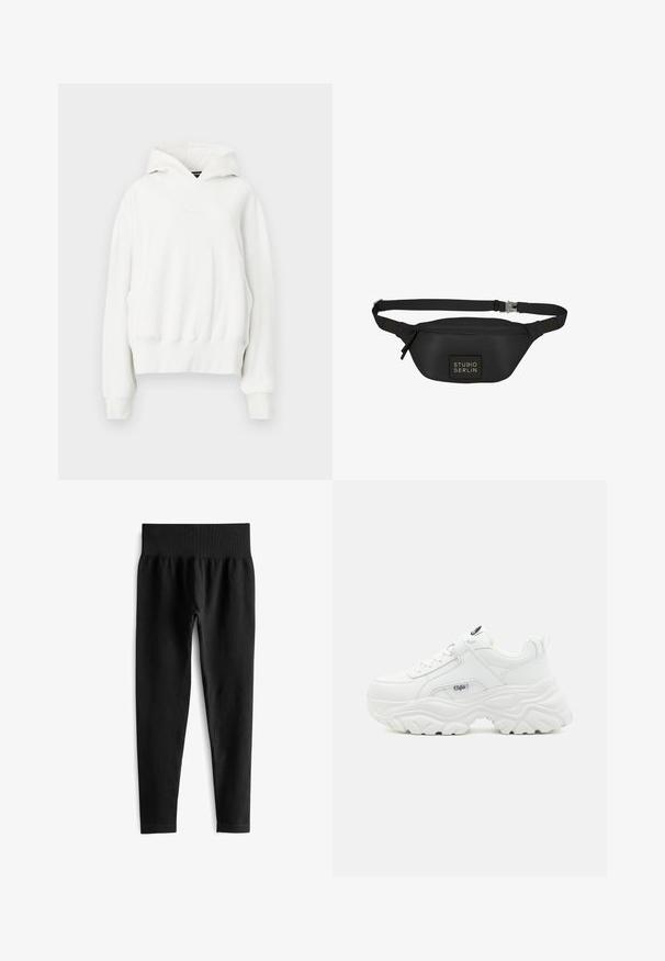 Witte hoodie met een ontspannen fit. Bevat een kangoeroe-pocket, geribde manchetten en een zachte, gestructureerde stof. Subtiele branding op de borst.; Zwarte geribde legging met een brede, elastische tailleband. De stof lijkt rekbaar en gestructureerd, eindigend net boven de enkel.; Witte chunky sneakers met een soepel leren bovenwerk, ronde neus en een dikke, gestructureerde zool met een zichtbaar merklogo aan de zijkant.; Zwarte heuptas van soepel, waterafstotend materiaal, met een rechthoekig lichaam, verstelbare schouderband en een logo-opdruk aan de voorkant.