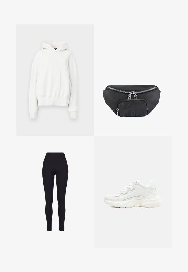 Hvid hættetrøje med en afslappet pasform. Har en kengurulomme, ribbede manchetter og blødt, struktureret stof. Diskret branding på brystet.; Sorte højtaljerede leggings, lavet af strækbart stof, med en glat tekstur og en tætsiddende design uden synlige sømme eller mønstre.; Hvid chunky sneaker med tyk sål, snørelukning foran og glat syntetisk overdel med subtile syningsdetaljer.; Sort nylon bæltetaske med et hovedrum og en frontlomme, udstyret med sølvfarvede lynlåse og et forhøjet "B" logo.