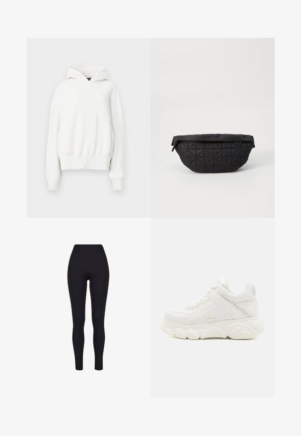 Sudadera blanca con capucha y corte relajado. Presenta un bolsillo canguro, puños de canalé y una tela suave y texturizada. Logotipo sutil en el pecho.; Leggings negros de talle alto, confeccionados con una tela elástica, que presentan una textura suave y un diseño ajustado sin costuras ni patrones visibles.; Zapatilla deportiva blanca gruesa con suela gruesa, diseño con cordones y marca "Buffalo" en el lateral y el talón.; Bolso negro acolchado con una textura suave y acolchada y un patrón de diamantes angulares, con una silueta curvada y cierre de cremallera.
