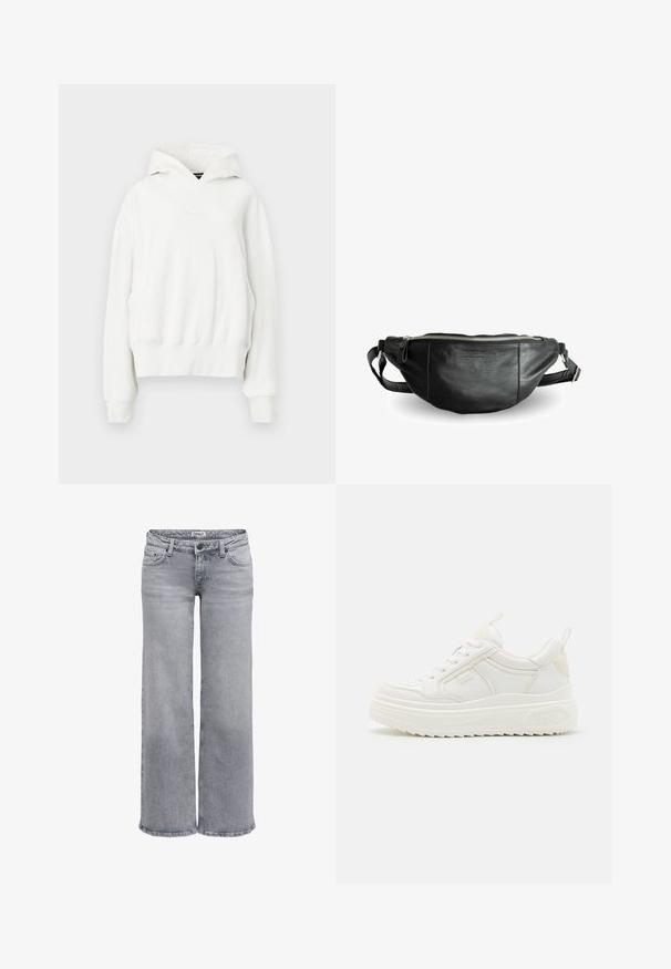 Sudadera blanca con capucha y corte relajado. Presenta un bolsillo canguro, puños de canalé y una tela suave y texturizada. Logotipo sutil en el pecho.; Vaqueros de pierna ancha de color gris claro hechos de mezclilla. Presentan una pretina estándar con trabillas para cinturón, cinco bolsillos y detalles sutiles de desgaste.; Zapatillas blancas de cuero con suela gruesa, diseño de cordones y una marca sutil. Presentan una textura suave y punta redonda.; Still Nordic BASIC - Riñonera - black