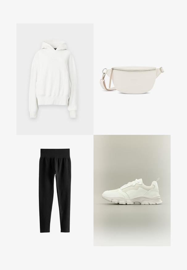 Sudadera blanca con capucha y corte relajado. Presenta un bolsillo canguro, puños de canalé y una tela suave y texturizada. Logotipo sutil en el pecho.; Leggings negros acanalados de cintura alta con una ancha cinturilla elástica y piernas ajustadas de largo completo sobre un fondo blanco.; Zapatilla deportiva blanca con parte superior de malla y cuero, suela gruesa y lengüeta en el talón, mostrada de perfil sobre fondo neutro.; Bolso cruzado de cuero blanco con forma redonda, cierre superior con cremallera y correa ajustable. Sutil logo de la marca grabado en la parte frontal.