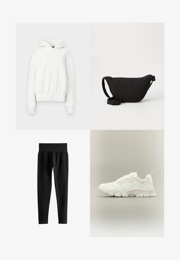 Sudadera blanca con capucha y corte relajado. Presenta un bolsillo canguro, puños de canalé y una tela suave y texturizada. Logotipo sutil en el pecho.; Leggings negros acanalados de cintura alta con una ancha cinturilla elástica y piernas ajustadas de largo completo sobre un fondo blanco.; Zapatilla deportiva blanca con parte superior de malla y cuero, suela gruesa y lengüeta en el talón, mostrada de perfil sobre fondo neutro.; Bolso hobo negro de tela suave, con forma curva, cierre de cremallera y una amplia correa ajustable. Textura suave sin patrones.
