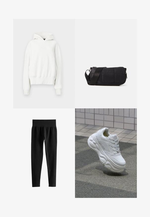 Hvid hættetrøje med en afslappet pasform. Har en kengurulomme, ribbede manchetter og blødt, struktureret stof. Diskret branding på brystet.; Sorte ribstrikkede leggings med høj talje, bred elastisk talje og slanke ben i fuld længde på hvid baggrund.; Hvide lædersneakers med en kraftig sål, teksturerede detaljer og snørelukning. Har formede accenter og en glat finish.; Sort quiltet taske med cylindrisk form, lavet af blødt materiale. Har en sort rem og sølvhardware. Lynlås lukning.