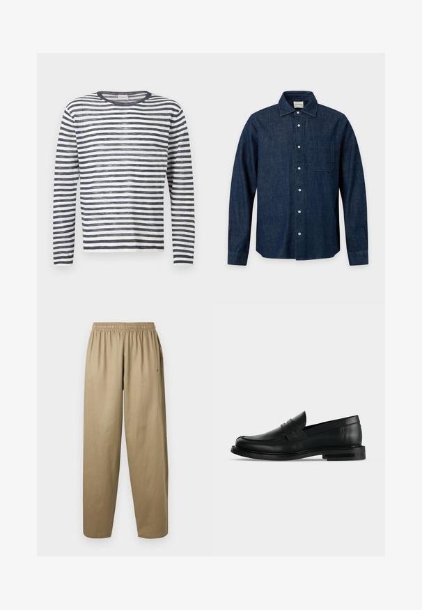 Pull en maille à manches longues et col rond avec des rayures horizontales bleu marine et blanches.; Chemise en denim bleu foncé à manches longues avec des boutons blancs et une poche poitrine unique, présentée à plat sur un fond clair.; Pantalon kaki ample avec ceinture élastique et poches latérales, présenté sur un fond blanc uni.; Mocassin penny pour homme en cuir noir avec talon bas empilé et bout arrondi, vu de profil sur fond gris clair.