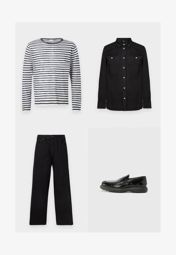 Pull en maille à manches longues et col rond avec des rayures horizontales bleu marine et blanches.; Chemise noire à manches longues avec col pointu et deux poches poitrine à l'avant, chacune fermée par un bouton blanc.; Jean noir taille haute à jambes larges, avec bouton frontal, fermeture éclair, passants pour ceinture et cinq poches, présenté sur un fond uni.; Mocassin en cuir noir avec une finition brillante, bout arrondi, détails de couture subtils et semelle en caoutchouc épaisse pour la durabilité.