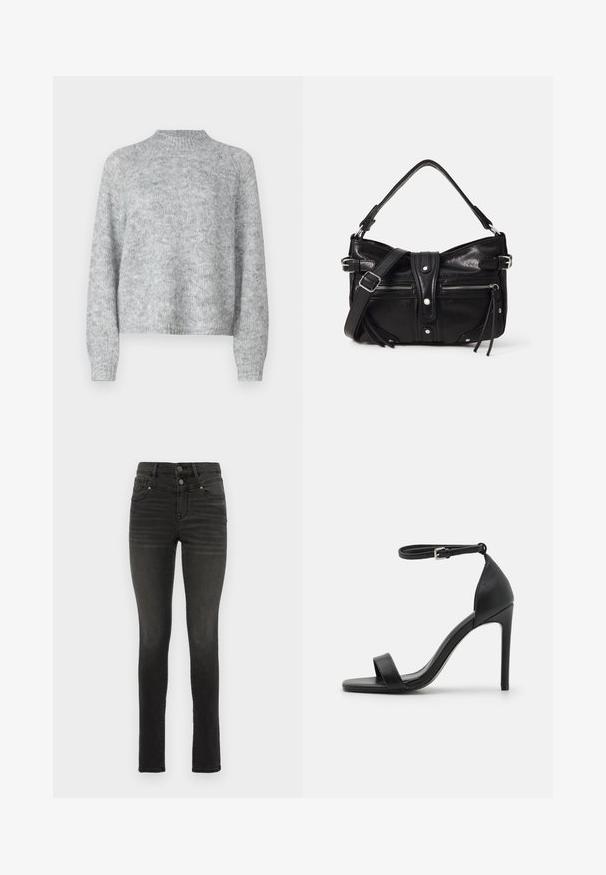 Lichtgrijze trui met hoge nek, lange mouwen en een losse pasvorm. Gemaakt van een textuur gebreide stof met subtiele kleurvariaties.; Zwarte skinny jeans van denim met een hoge taille, voorzien van dubbele knopen, vijf zakken en subtiele vervaging langs de benen.; Zwarte sandalen met hoge hakken, met een slank ontwerp, voorzien van een enkelbandje, open teen en een gladde leren textuur.; Even&Odd by Zalando H24462 - Handtas - black