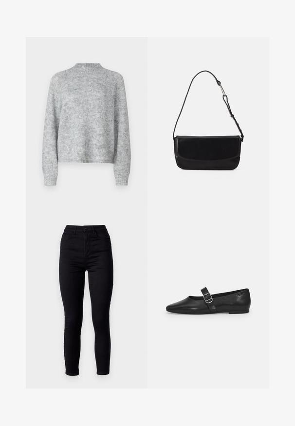 Lichtgrijze trui met hoge nek, lange mouwen en een losse pasvorm. Gemaakt van een textuur gebreide stof met subtiele kleurvariaties.; Zwarte skinny jeans met een hoge taille, gemaakt van stretchdenim. Voorzien van een sluiting met een knoop aan de voorkant en twee achterzakken. Soepele textuur.; Zwarte leren platte schoen met een ronde neus, een enkele verstelbare gespsluiting en een gladde, glanzende textuur. Minimalistisch ontwerp met een lage hak.; Vagabond DEIA - Handtas - black