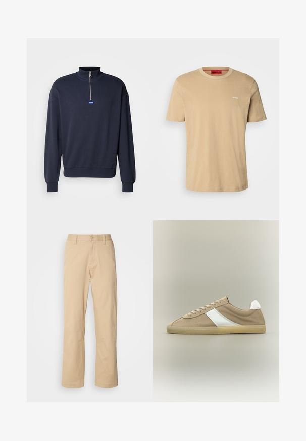 Donkerblauwe sweatshirt met een hoge kraag en een halve rits, met ribgebreide manchetten en zoom, en een klein blauw logo aan de voorkant.; Beige katoenen t-shirt met een ronde hals, korte mouwen en een klein wit "HUGO" logo op de borst. Een gladde textuur zonder patronen.; HUGO ZAYN - Broek - medium beige; Lichtbruine suède sneaker met beige zool, witte hielstrook, witte zijstreep en vetersluiting op een neutrale achtergrond.