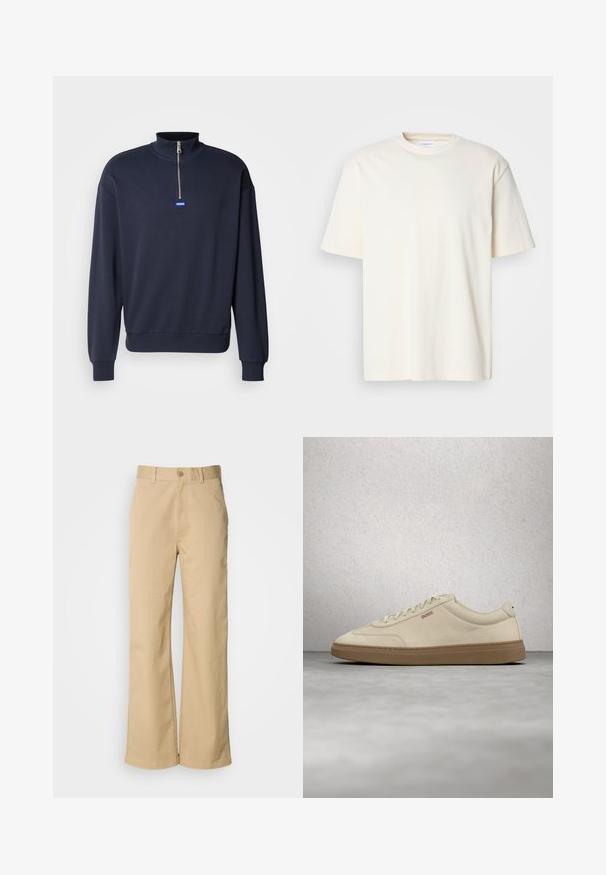 Marineblå sweatshirt med høj krave og halvlukning, med ribbede manchetter og kant, samt et lille blåt logo på forsiden.; Lys off-white kortærmet T-shirt med rund hals, unisex design, præsenteret på en neutral grå baggrund.; Beige, vidde bukser lavet af en bomuldsblanding. Har en knaplukning og bæltestropper. Glat tekstur med minimale syninger.; Lyse beige ruskindssneaker med gummisål i farven gum, tydelige snørebånd og fine syningsdetaljer. Ren design med et minimalistisk æstetisk udtryk.