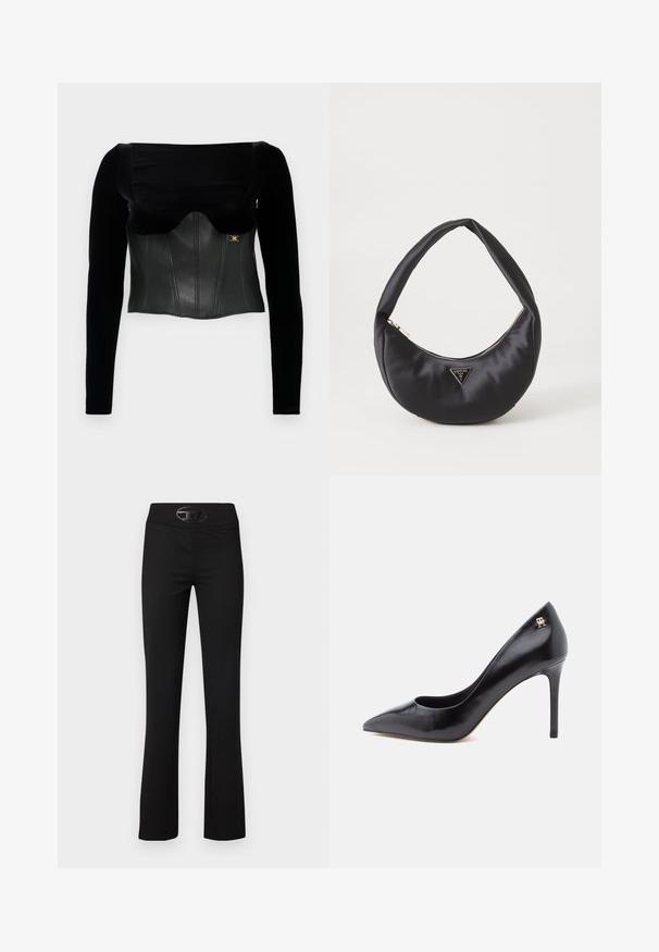 Top negro de manga larga con un corsé de cuero estructurado y textura suave, escote ancho y un detalle dorado en el costado.; Pantalones de campana negros con un tejido suave y elástico. Presenta una cinturilla ancha y un acento de logo negro brillante en la parte frontal.; Zapato de tacón alto de cuero negro con punta puntiaguda, con un diseño recortado y un pequeño detalle de logo dorado en el talón.; Bolso de satén negro con forma curva, que cuenta con un cierre de cremallera y un logo triangular en metal en la parte delantera. Textura suave y diseño elegante.